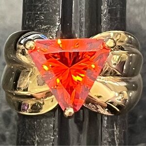Suzanne Somers vintage orange CZ Trilliant cut solitaire bold gold cocktail ring
